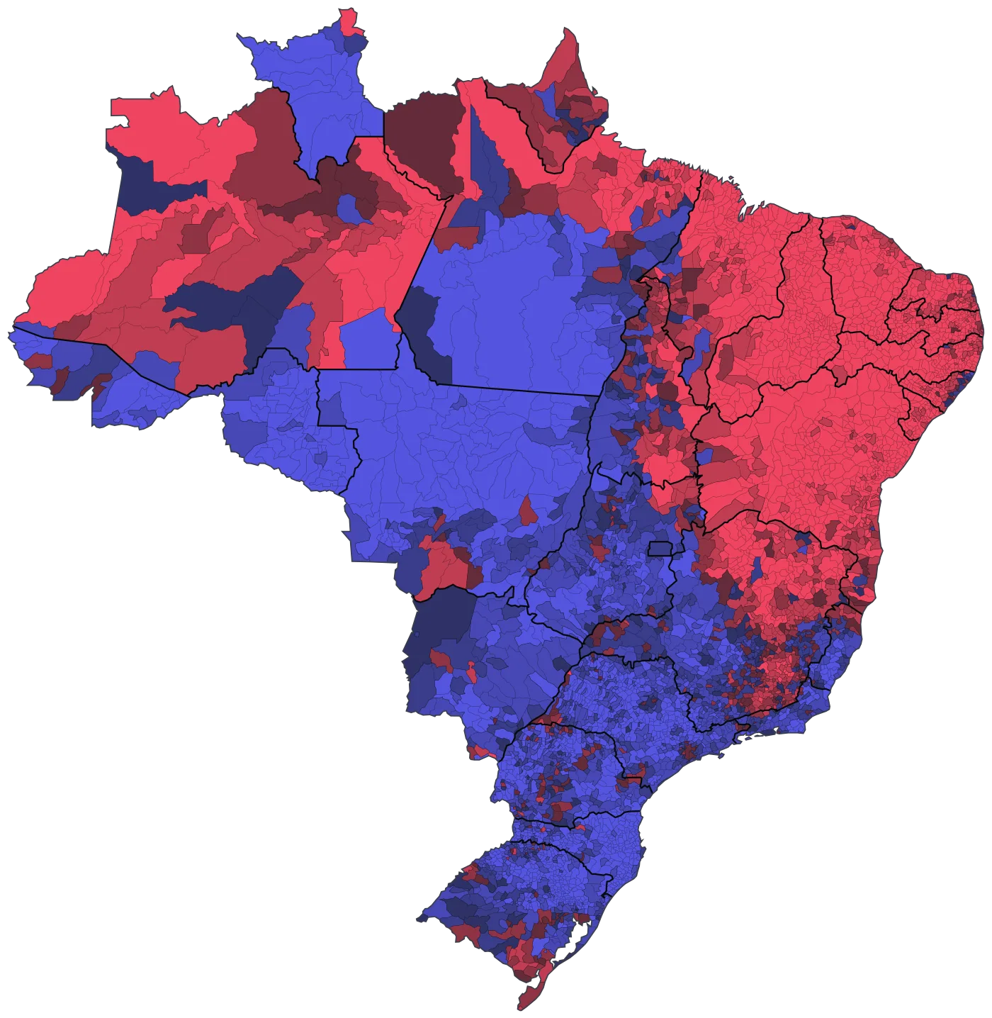 Mapa do Brasil com cada cidade pintada pela cor do partido de quem teve mais votos para presidente no 1º turno.
